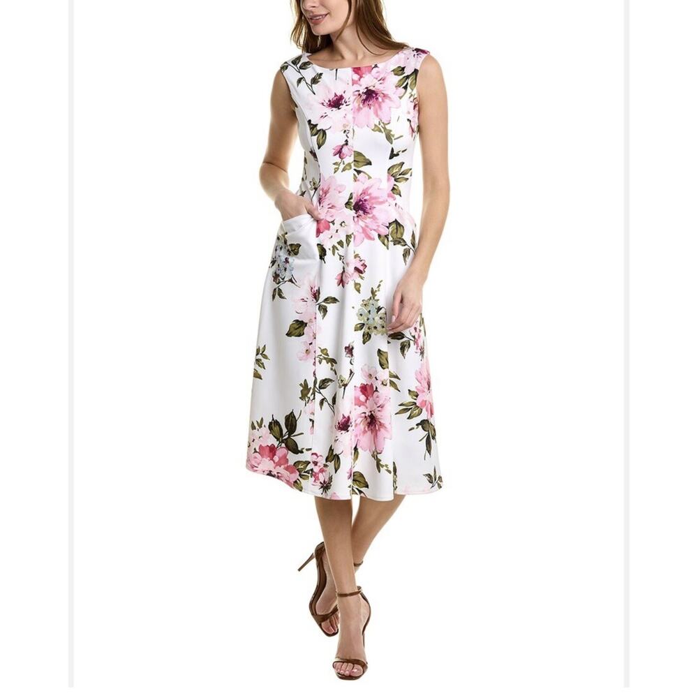 Donna Ricco scuba midi dress Sz. 8 floral statement flowers white NWT
